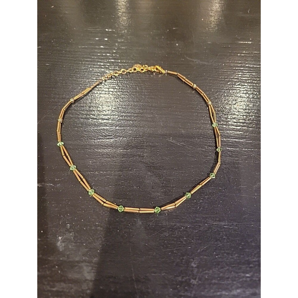 Vtg Robert Rose Green Rhinestone Goldtone Double Link Necklace Choker 14" 16"